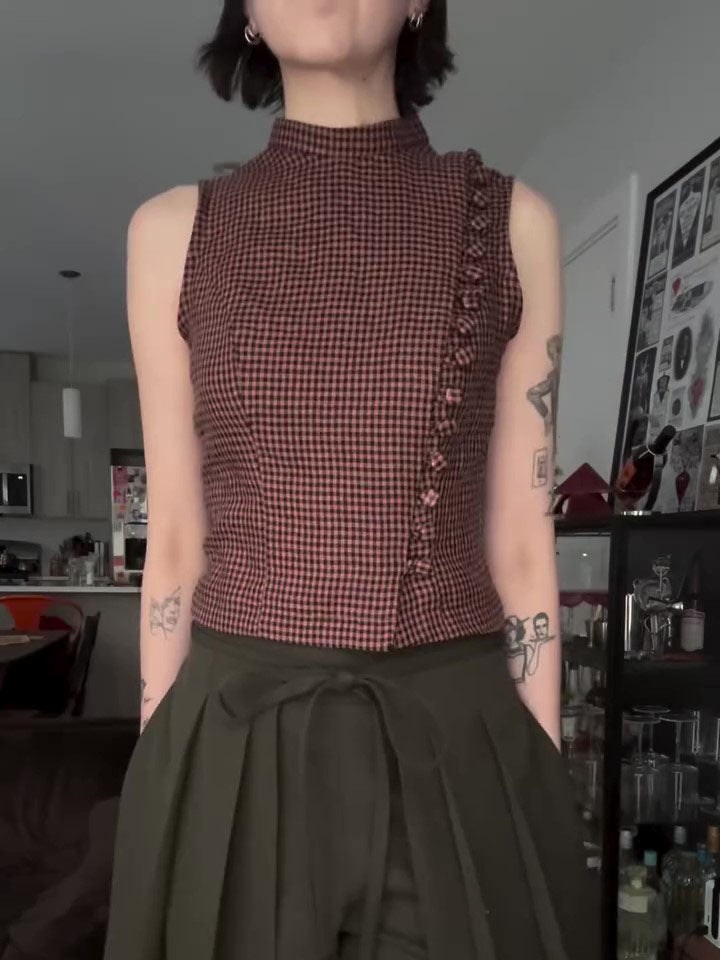 Red Black Gingham Turtleneck Sleeveless Side Ruffle Crop Top NorixaFashion.com