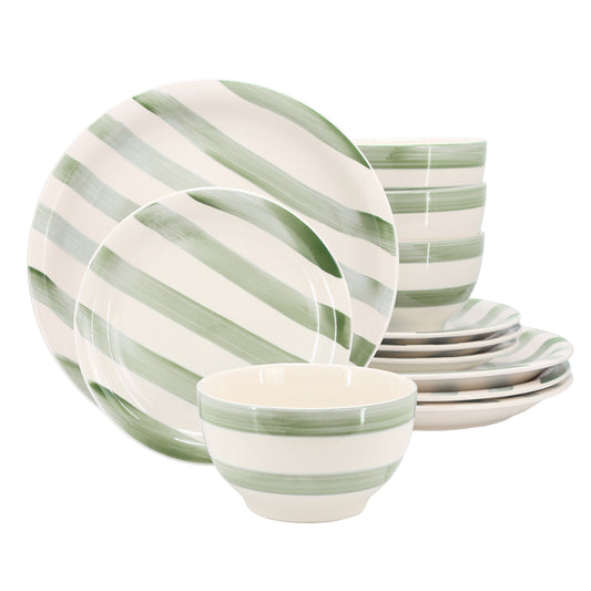 Gibson Home Kenwood Shores 12 Piece Stoneware Dinnerware Set in Green Stripe LuxuryLifeWay Online Store