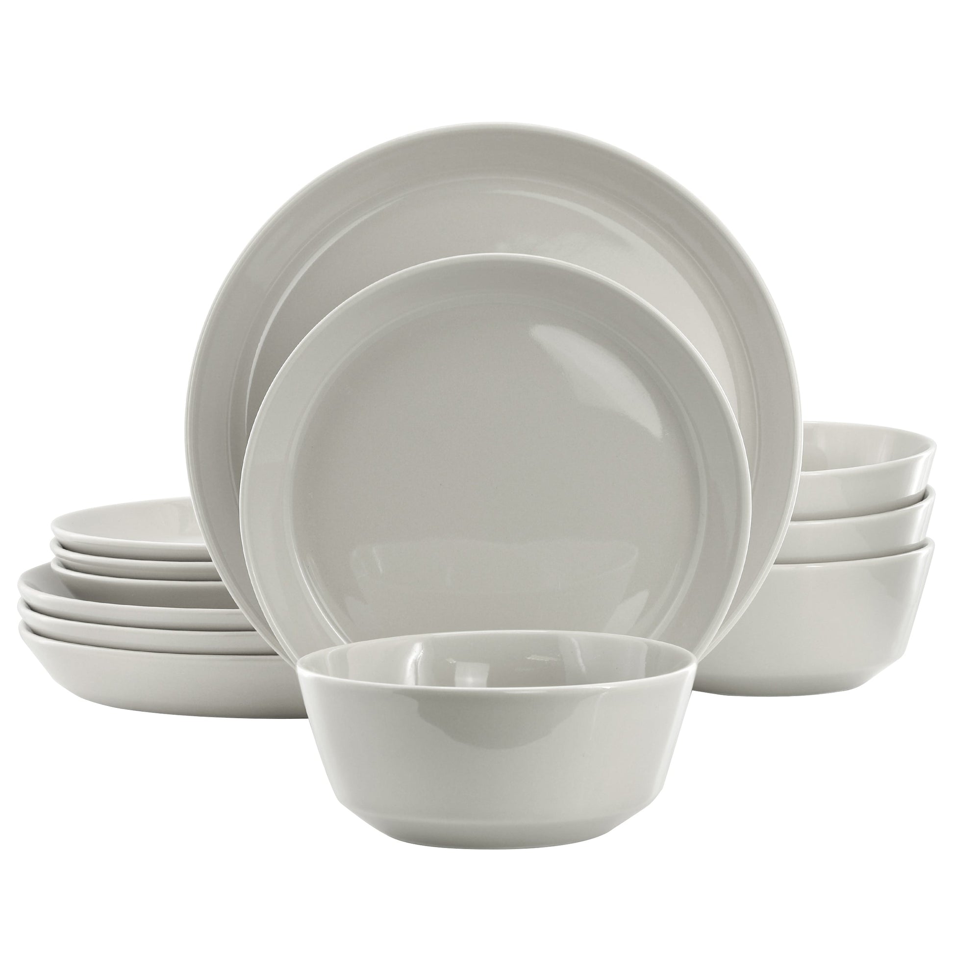 Gibson Elite Sunlit Mist 12 Piece Round Stoneware Dinnerware Set in Gray LuxuryLifeWay Online Store