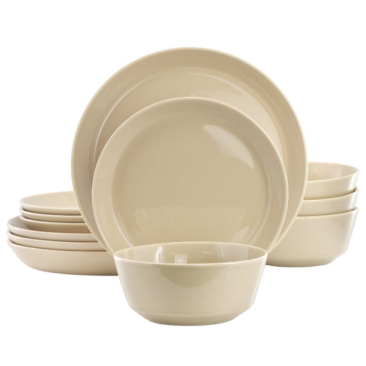 Gibson Elite Sunlit Mist 12 Piece Round Stoneware Dinnerware Set in Cream LuxuryLifeWay Online Store