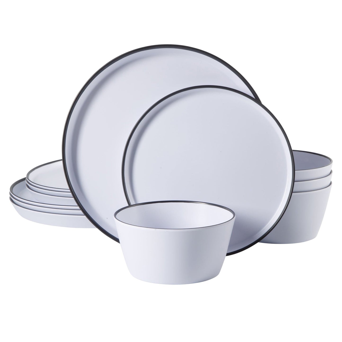 Gibson Home Folsom Shores 12 Piece Melamine Dinnerware Set in White w/ Black Rim LuxuryLifeWay Online Store