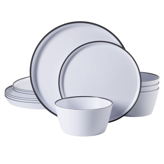Gibson Home Folsom Shores 12 Piece Melamine Dinnerware Set in White w/ Black Rim LuxuryLifeWay Online Store