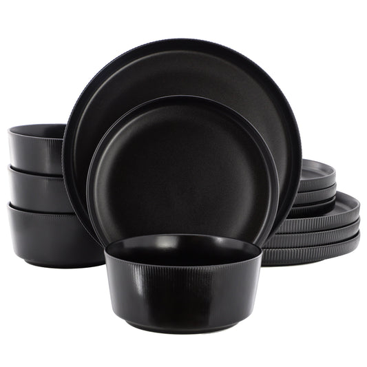 Gibson Home Dempsey Road 12 Piece Stoneware Dinnerware Set in Black LuxuryLifeWay Online Store