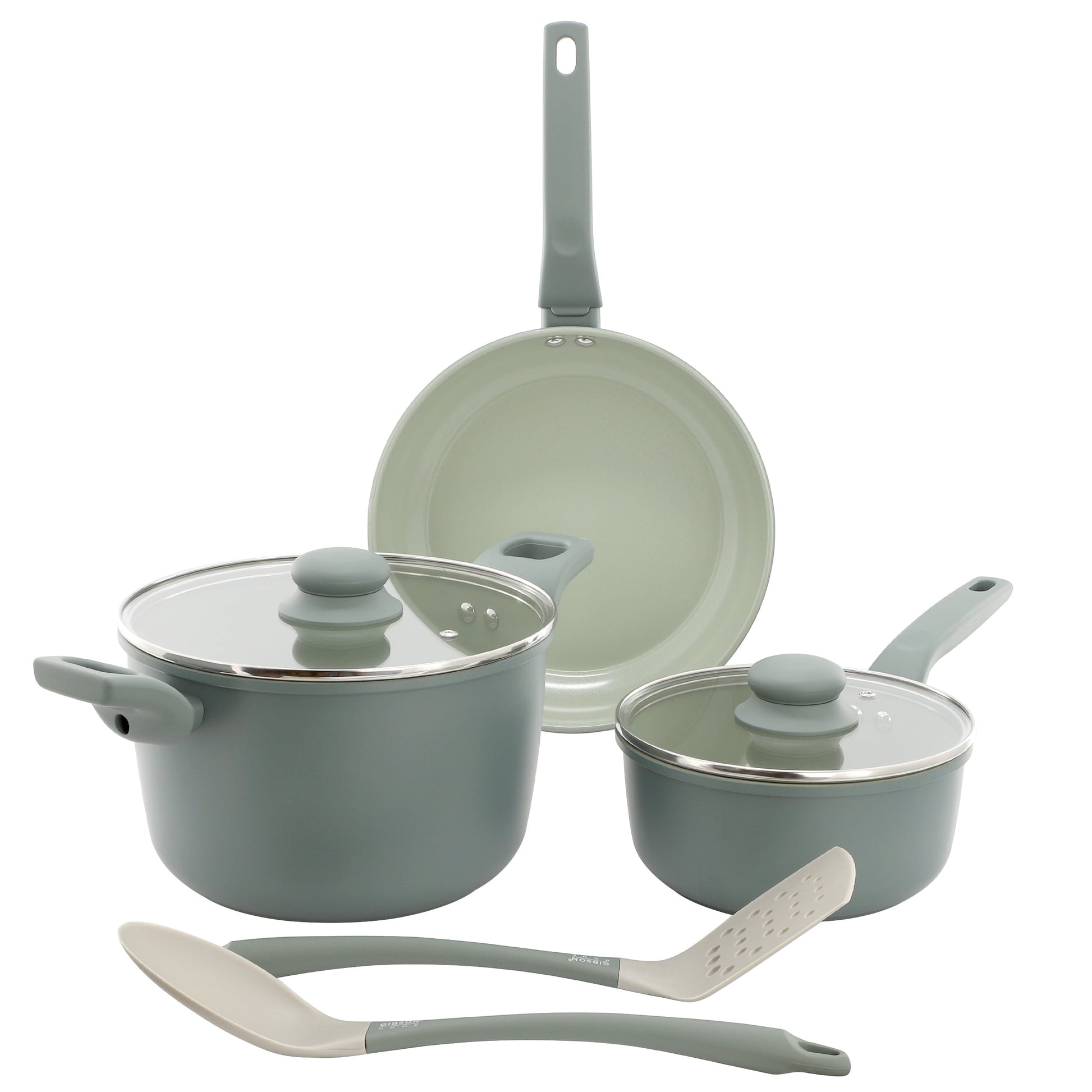Gibson Home Barnsdall 7 Piece Ceramic Nonstick Aluminum Cookware Set in Sage Green LuxuryLifeWay Online Store