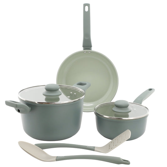 Gibson Home Barnsdall 7 Piece Ceramic Nonstick Aluminum Cookware Set in Sage Green LuxuryLifeWay Online Store