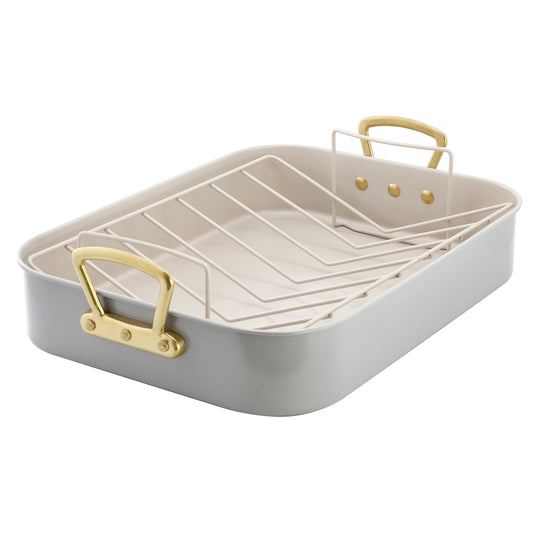 Gibson Home Broxton 2 Piece Nonstick Steel Roaster Pan in Taupe with Rack LuxuryLifeWay Online Store