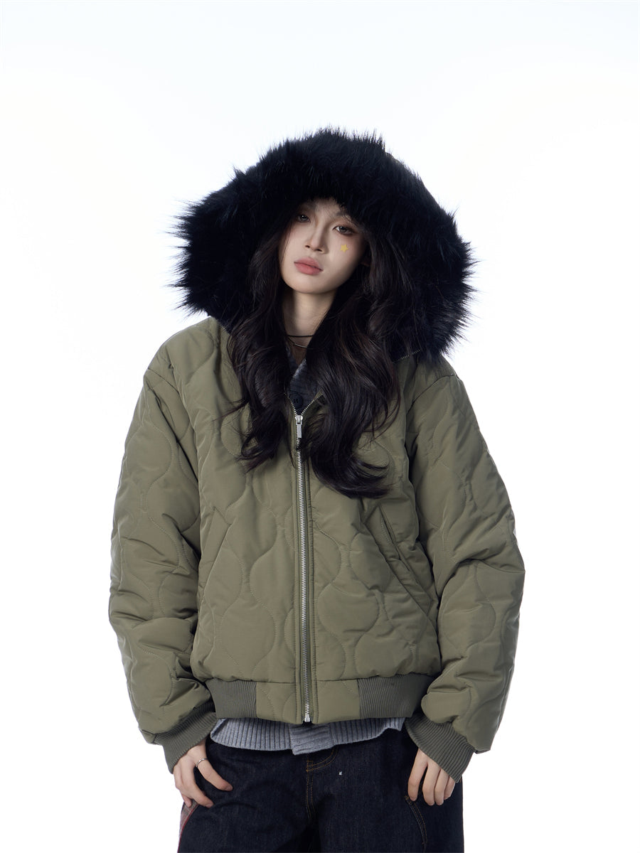 American Retro Rhombus Fur Collar Cotton Cardigan Hooded Cotton Jacket Best YouTube Store