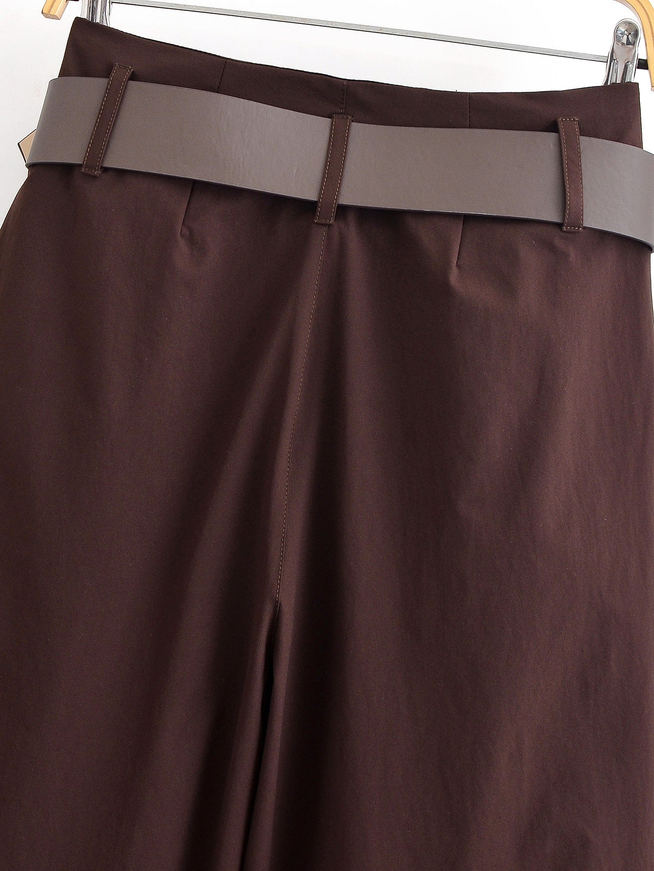 Chocolate Brown High-Waisted Wide-Leg Trousers With Belt NorixaFashion.com