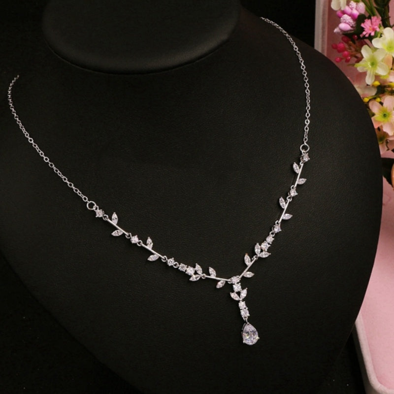 Simple Bridal Zircon Wedding Handmade Ornament Necklace And Earrings Suite LadyShow.Store