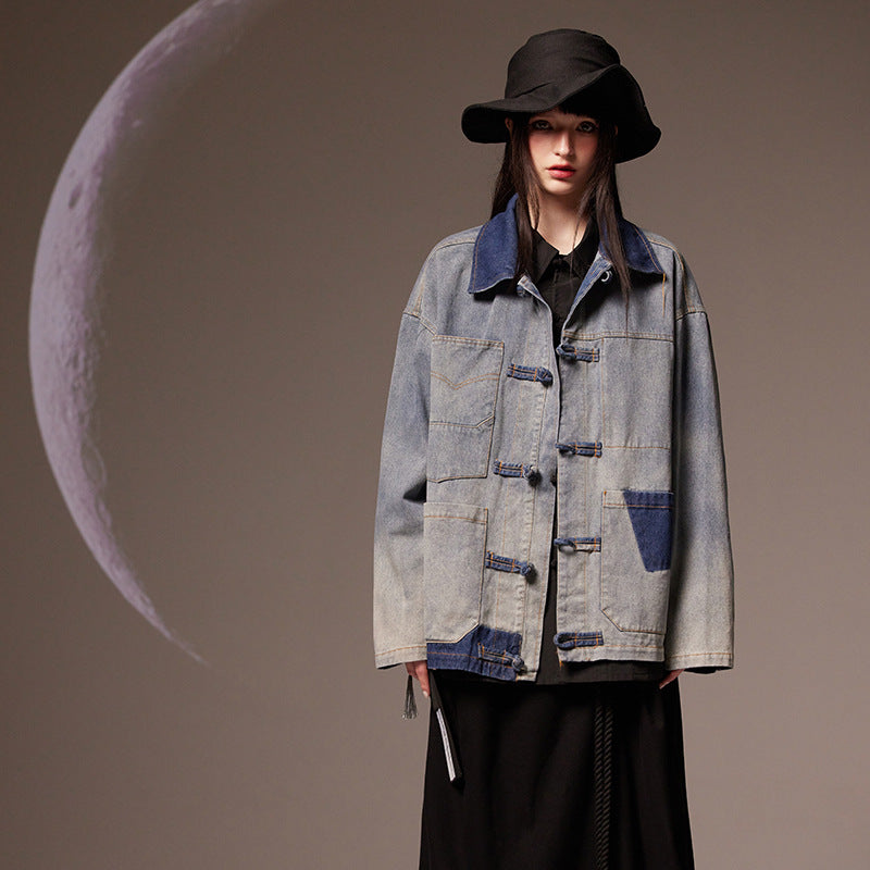 Vintage Chinese Style Loose Denim Jacket for Women Pi-Mart