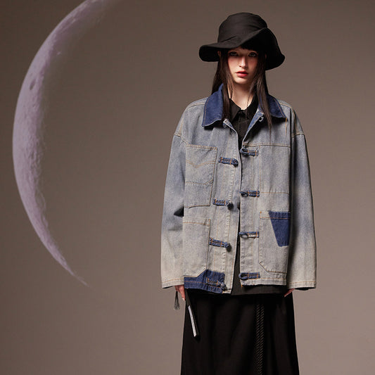 Vintage Chinese Style Loose Denim Jacket for Women Pi-Mart
