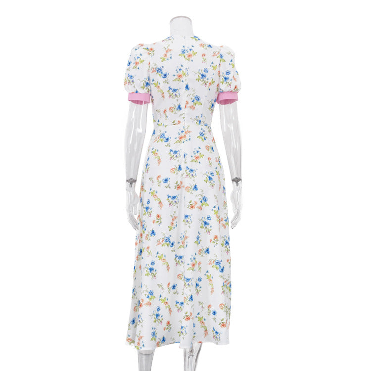 Contrast Lapel Puff Sleeve Floral Print Midi Dress NorixaFashion.com