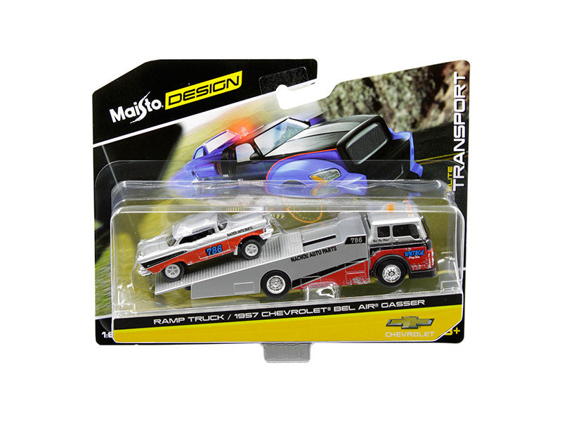 1957 Chevrolet Bel Air Gasser #786 Silver and Red with Ramp Tow Truck "Elite Transport" 1/64 Diecast Models by Maisto LuxuryLifeWay Online Store