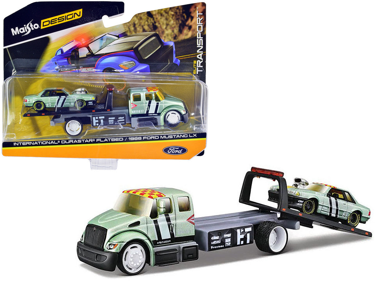 International DuraStar Flatbed Truck #17 and 1988 Ford Mustang LX #17 Light Green Metallic with Stripes and Graphics "Elite Transport" Series 1/64 Diecast Models by Maisto LuxuryLifeWay Online Store