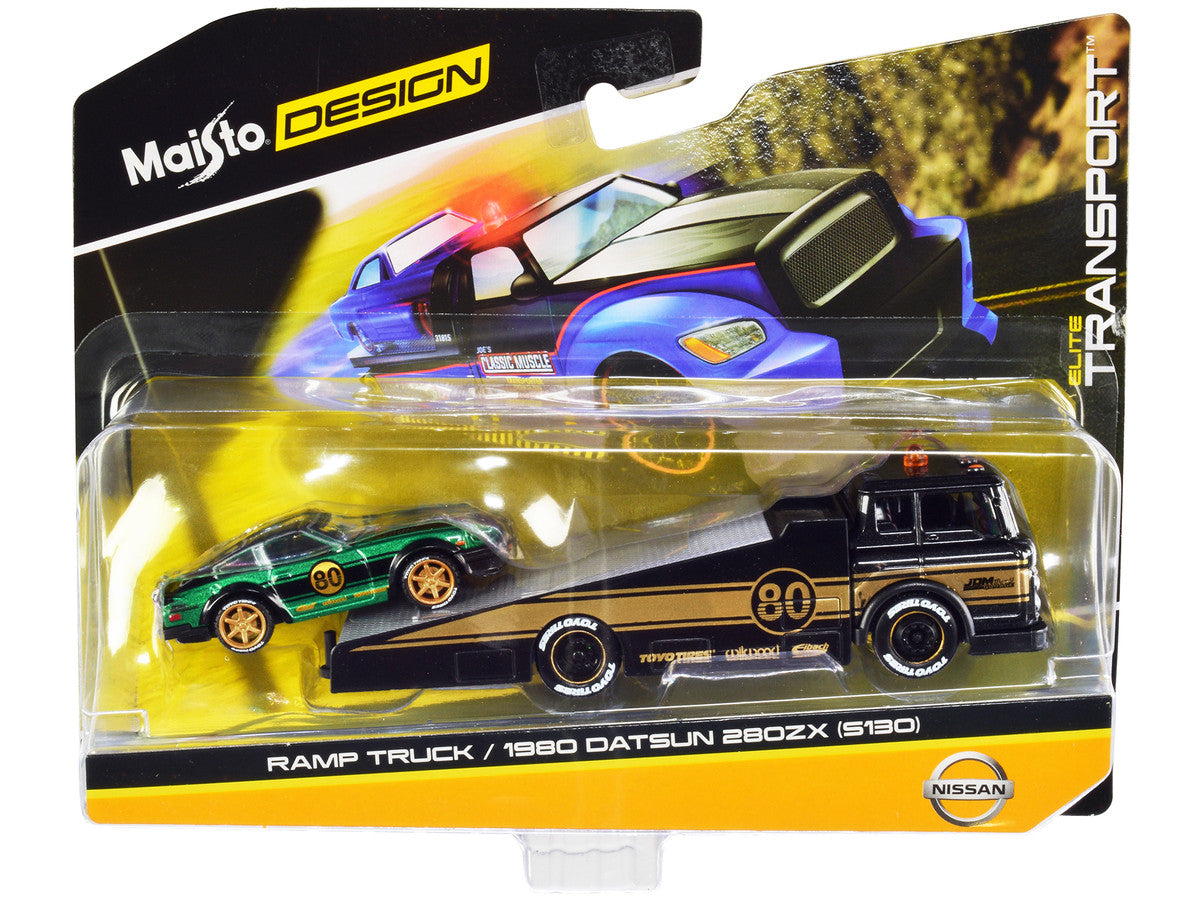 Ramp Truck #80 Dark Gray Metallic with Gold Metallic Stripes "JDM Garage" and 1980 Datsun 280ZX (S130) #80 Green Metallic with Stripes "Elite Transport" Series 1/64 Diecast Models by Maisto LuxuryLifeWay Online Store