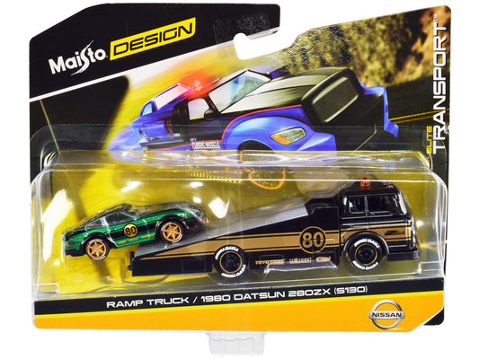 Ramp Truck #80 Dark Gray Metallic with Gold Metallic Stripes "JDM Garage" and 1980 Datsun 280ZX (S130) #80 Green Metallic with Stripes "Elite Transport" Series 1/64 Diecast Models by Maisto LuxuryLifeWay Online Store
