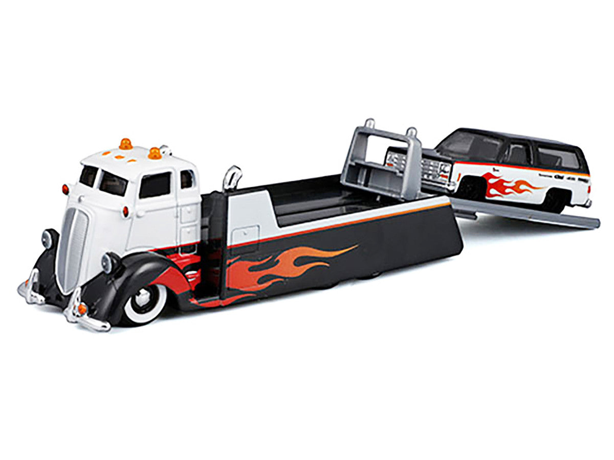 COE Flatbed Truck White and Black with Flame Graphics and 1979 Chevrolet K5 Blazer Black and White with Flame Graphics "Elite Transport" Series 1/64 Diecast Models by Maisto LuxuryLifeWay Online Store
