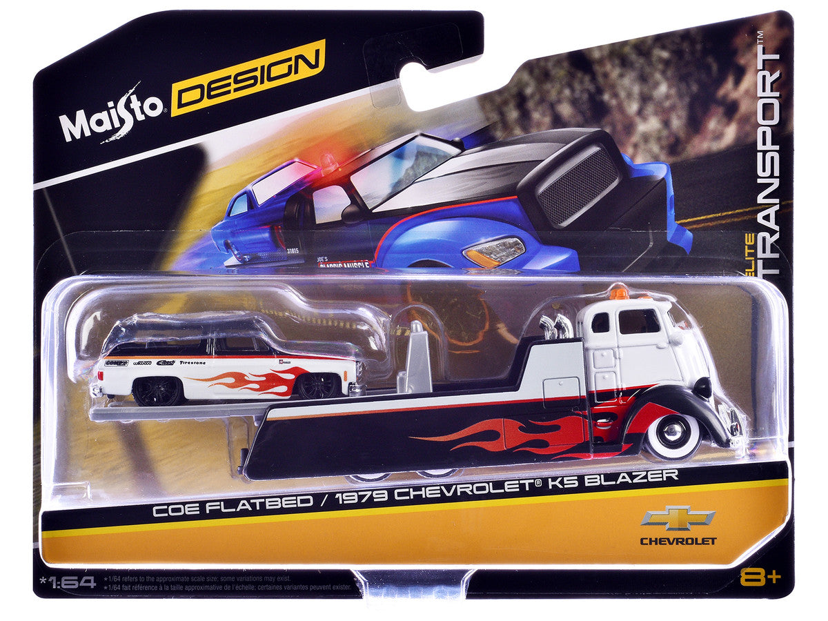 COE Flatbed Truck White and Black with Flame Graphics and 1979 Chevrolet K5 Blazer Black and White with Flame Graphics "Elite Transport" Series 1/64 Diecast Models by Maisto LuxuryLifeWay Online Store