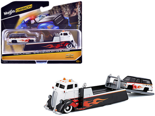 COE Flatbed Truck White and Black with Flame Graphics and 1979 Chevrolet K5 Blazer Black and White with Flame Graphics "Elite Transport" Series 1/64 Diecast Models by Maisto LuxuryLifeWay Online Store