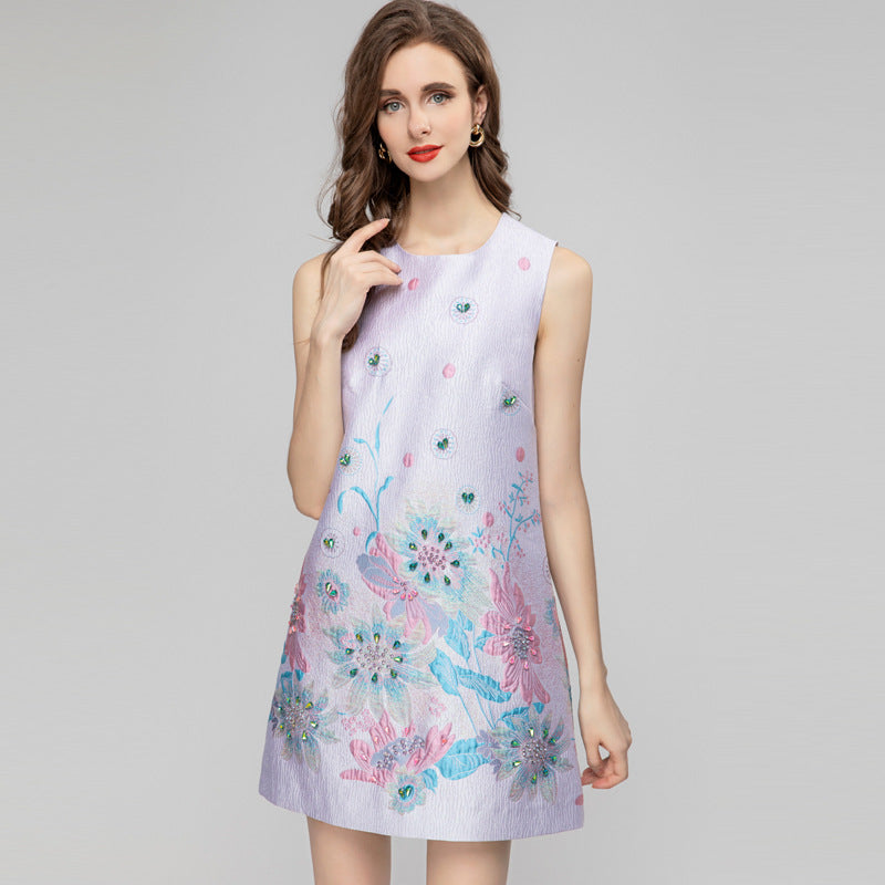 Printed Sleeveless Short Jacquard Dress Women NorixaFashion.com