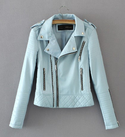 Women's Faux Leather Motorcycle Jacket - Spring/Autumn Lapel Biker Coat with Zipper Details (Blue/Black) CJD