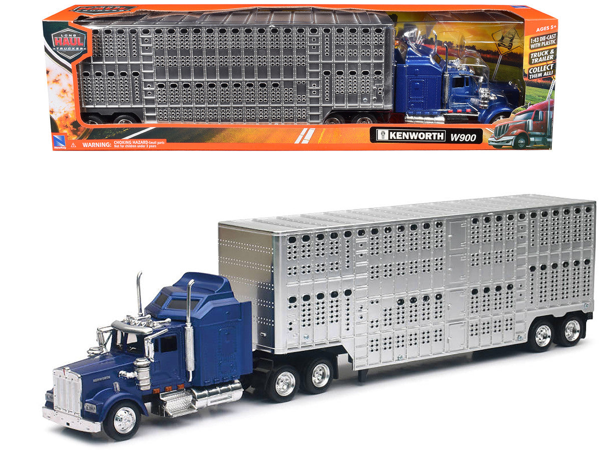 Kenworth W900 Truck Blue with Potbelly Livestock Trailer Chrome "Long Haul Truckers" Series 1/43 Diecast Model by New Ray LuxuryLifeWay Online Store