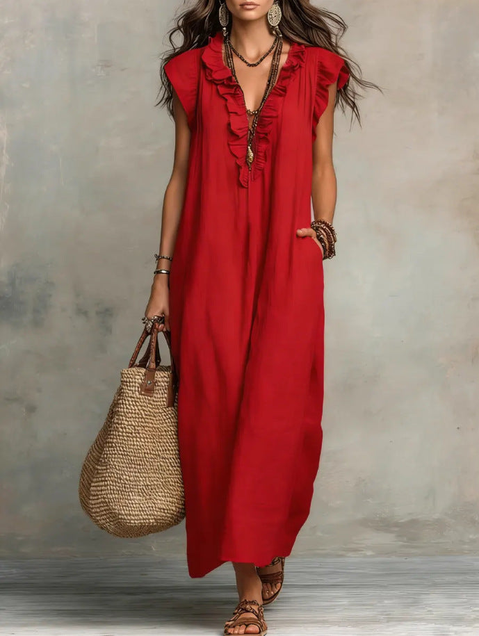 Women's Spring Summer Pocket Ruffle Elegant Dress LadyShow.Store