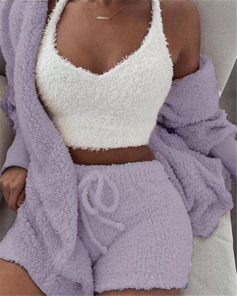 3pcs Womens Clothing Long Sleeve Crop Tank Top And Drawstring Shorts Pajama Set NorixaFashion.com