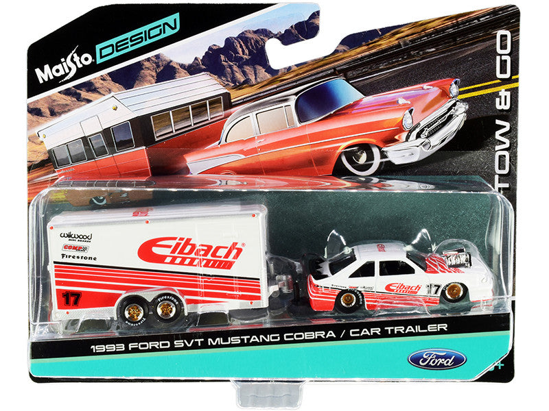 1993 Ford SVT Mustang Cobra #17 with Enclosed Car Trailer "Eibach" White with Red Stripes "Tow & Go" Series 1/64 Diecast Model Cars by Maisto LuxuryLifeWay Online Store