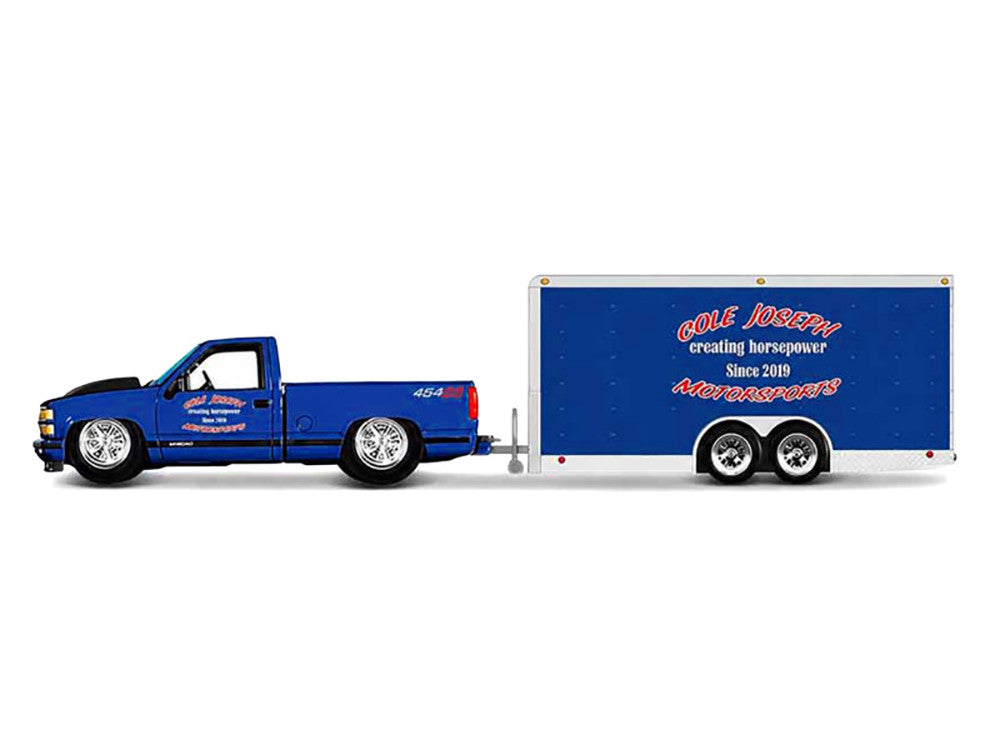 1993 Chevrolet 454 SS Pickup Truck Blue Metallic with Black Hood and Car Trailer Blue Metallic "Cole Joseph Motorsports" "Tow & Go" Series 1/64 Diecast Model Car by Maisto LuxuryLifeWay Online Store