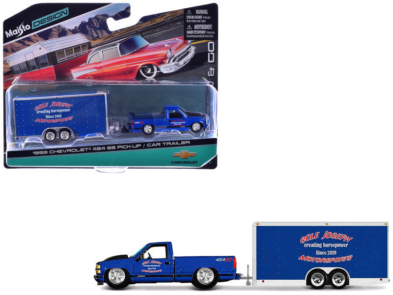 1993 Chevrolet 454 SS Pickup Truck Blue Metallic with Black Hood and Car Trailer Blue Metallic "Cole Joseph Motorsports" "Tow & Go" Series 1/64 Diecast Model Car by Maisto LuxuryLifeWay Online Store