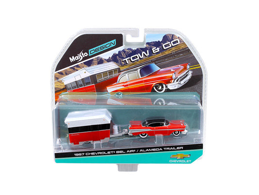 1957 Chevrolet Bel Air with Alameda Trailer Red Tow & Go 1/64 Diecast Model by Maisto LuxuryLifeWay Online Store