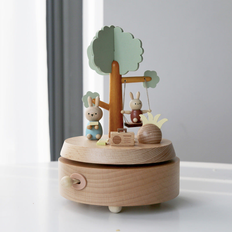 Wooden Music Box Music Box Creative Home Decoration Gifts Children's Birthday Gifts Carousel Swing Rabbit LadyShow.Store