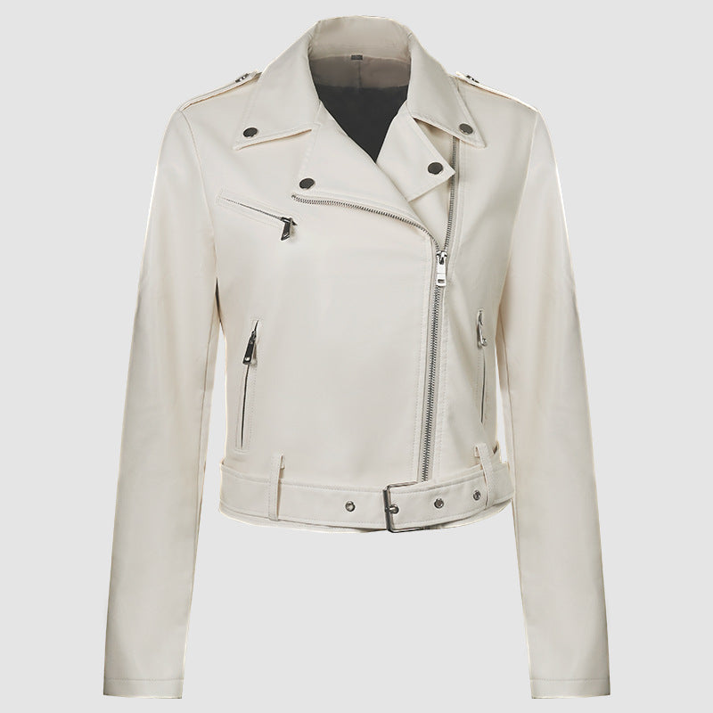 Lapel Short Belt Women's PU Simple Leather Jacket Motorcycle Jacket LadyShow.Store