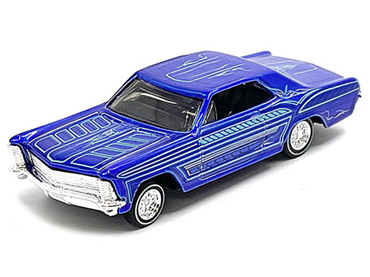 1965 Buick Riviera Candy Blue with Graphics "Lowriders" "Maisto Design" Series 1/64 Diecast Model Car by Maisto LuxuryLifeWay Online Store