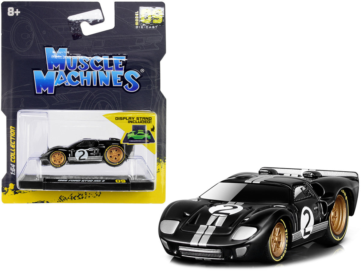1966 Ford GT40 MKII #2 Black with Silver Stripes and Gold Wheels 1/64 Diecast Model Car by Muscle Machines LuxuryLifeWay Online Store