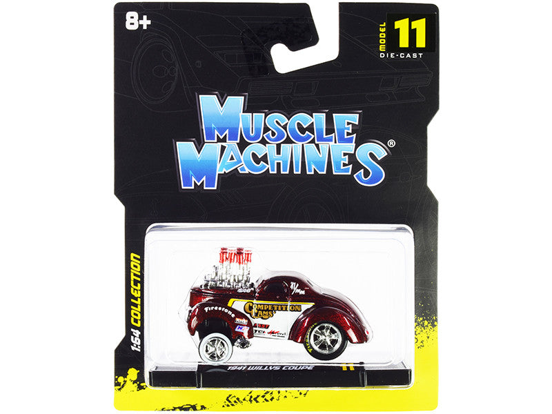 1941 Willys Coupe Gasser "Competition Cams" Red Metallic and White 1/64 Diecast Model Car by Muscle Machines LuxuryLifeWay Online Store
