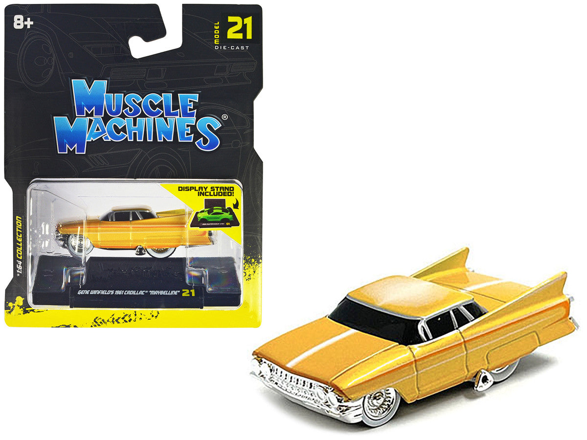 Gene Winfield’s 1961 Cadillac Maybelline Yellow Metallic with White Stripes 1/64 Diecast Model Car by Muscle Machines LuxuryLifeWay Online Store