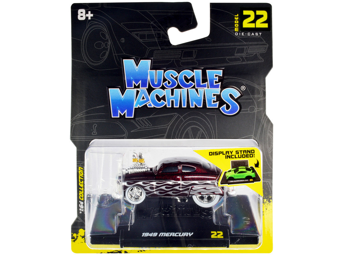 1949 Mercury Custom Coupe Dark Red Metallic with Flames 1/64 Diecast Model Car by Muscle Machines LuxuryLifeWay Online Store