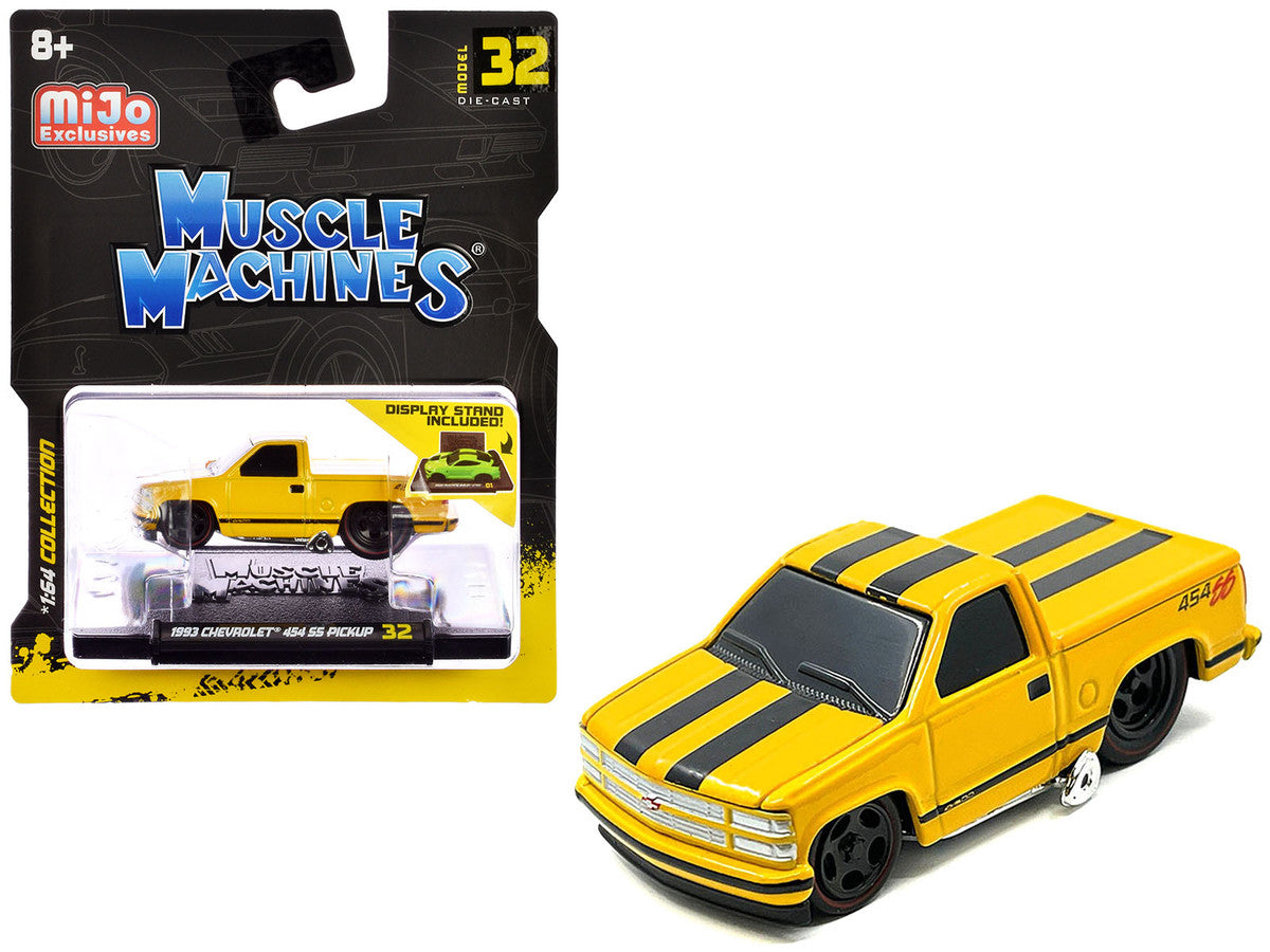 1993 Chevrolet 454 SS Pickup Truck Yellow with Black Stripes 1/64 Diecast Model Car by Muscle Machines LuxuryLifeWay Online Store