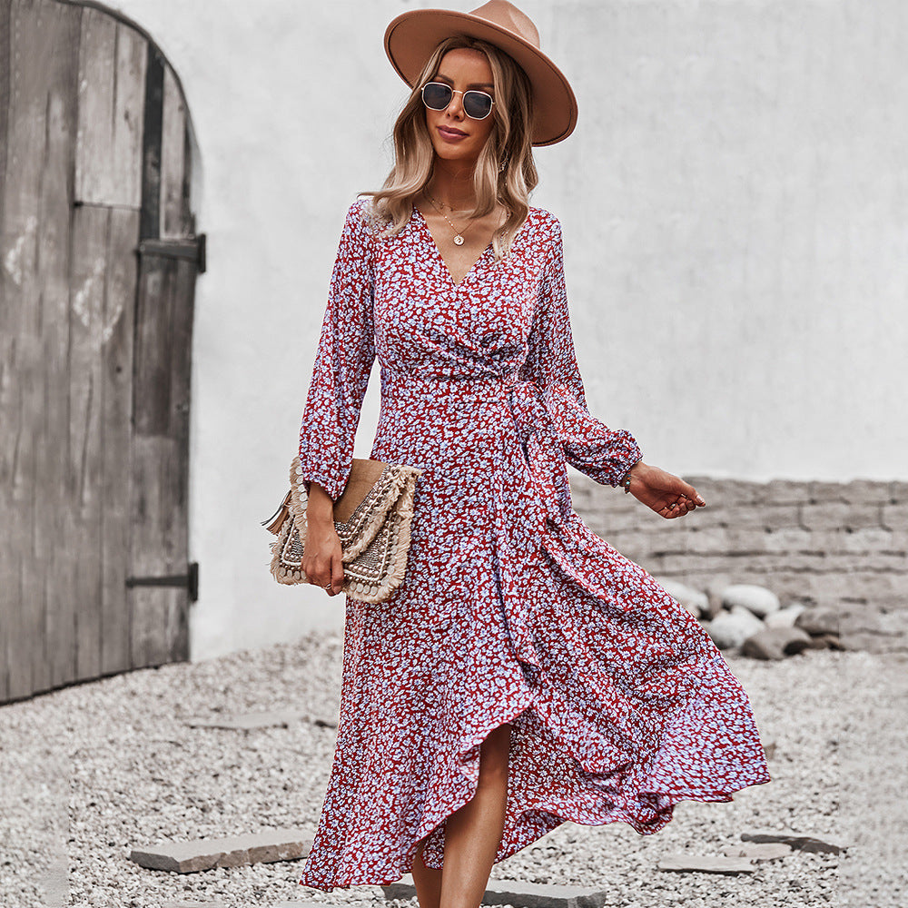 Autumn And Winter Floral Dress With Chest Wrap And Tie Large Swing Skirt Leisure Holiday Style LadyShow.Store