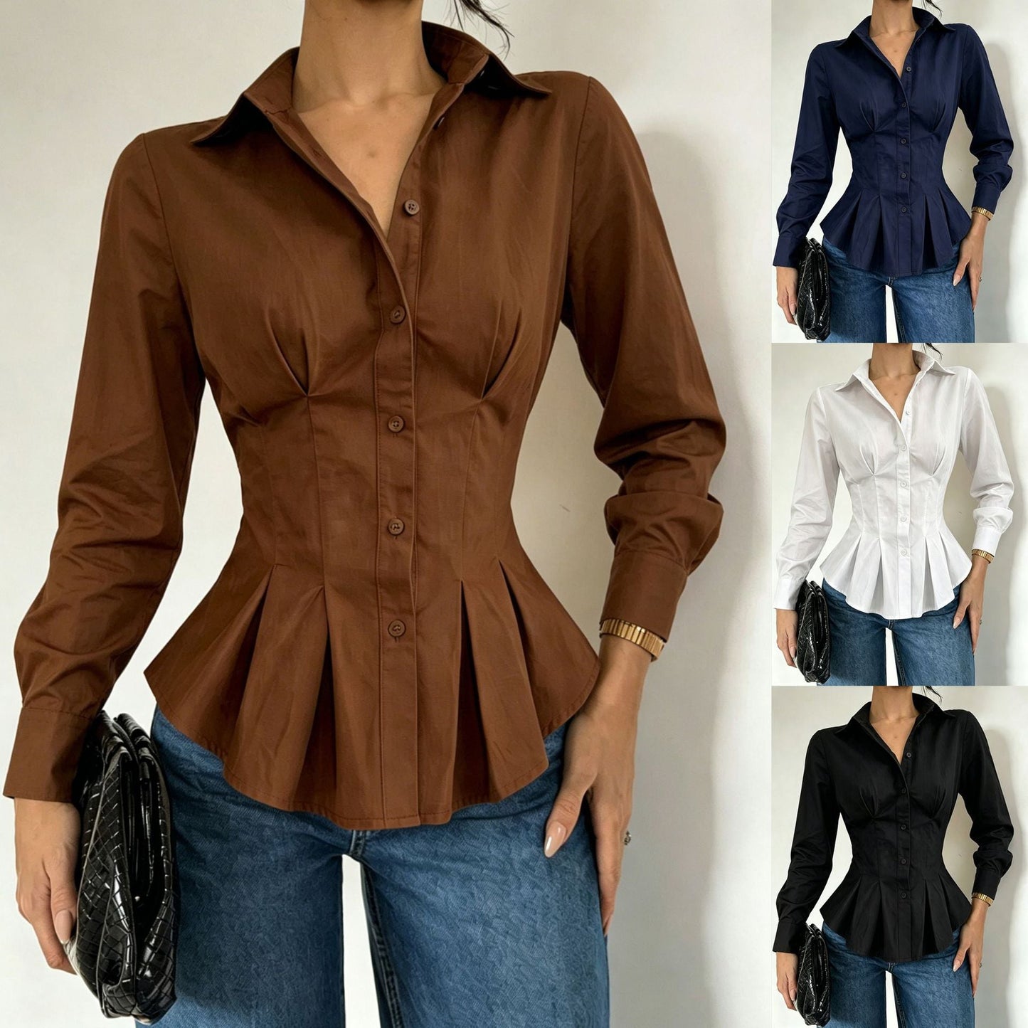 Fitted-waist Long-sleeve Shirt With Pleated Waist Detailing NorixaFashion.com