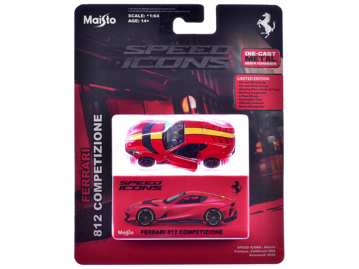 Ferrari 812 Competizione Red with Yellow Stripe "Speed Icons" Series 1/64 Diecast Model Car by Maisto LuxuryLifeWay Online Store