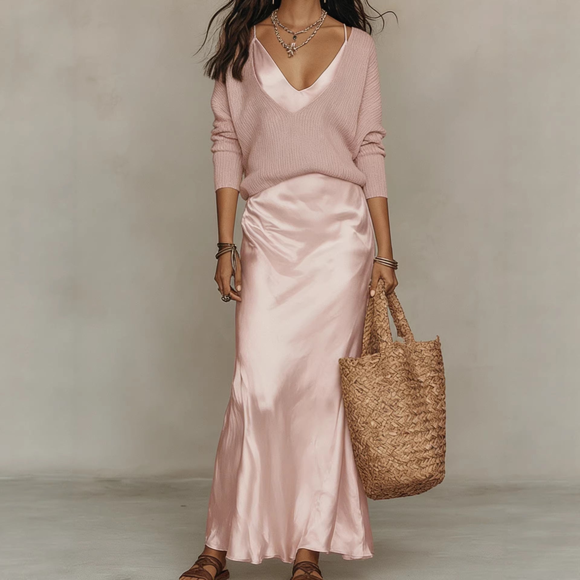 Womens Solid-Color V-Neck Knitted Sweater And Satin Dress Set NorixaFashion.com