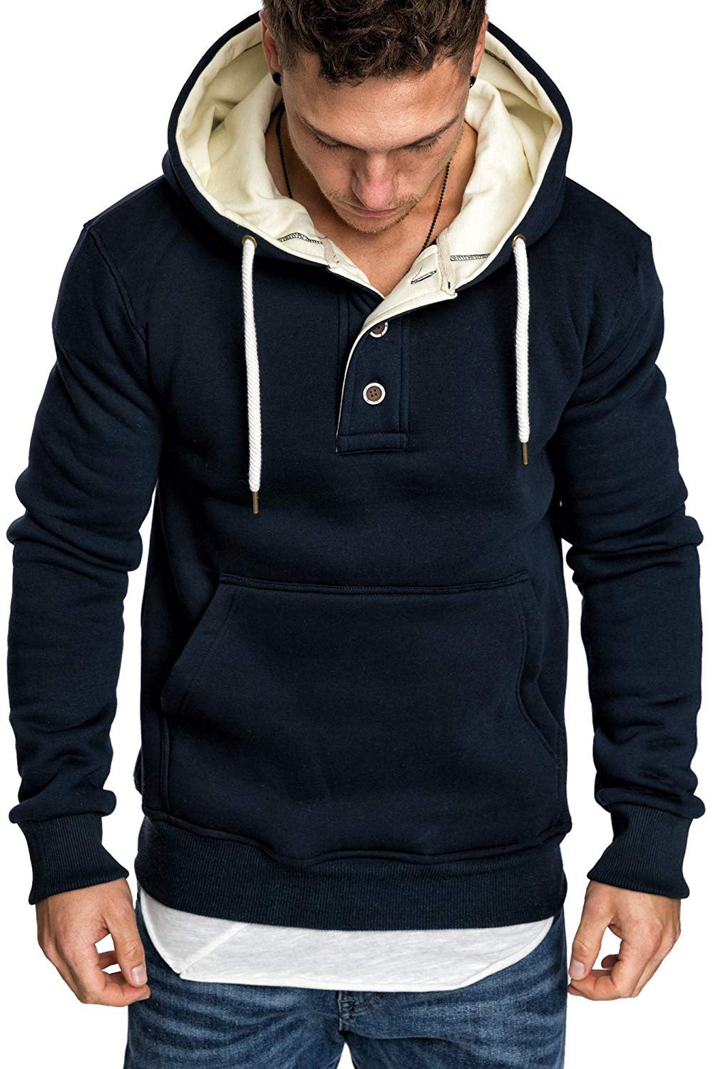 Button-Trim Hooded Fleece Sweatshirt - Cotton Blend Pullover with Pockets