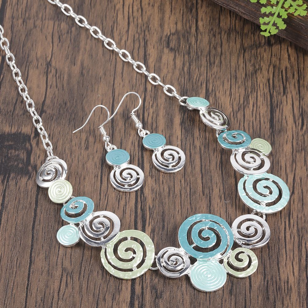 Zinc Alloy Geometric Round Spiral Color Oil Necklace Hollow Design Eardrop Set LadyShow.Store