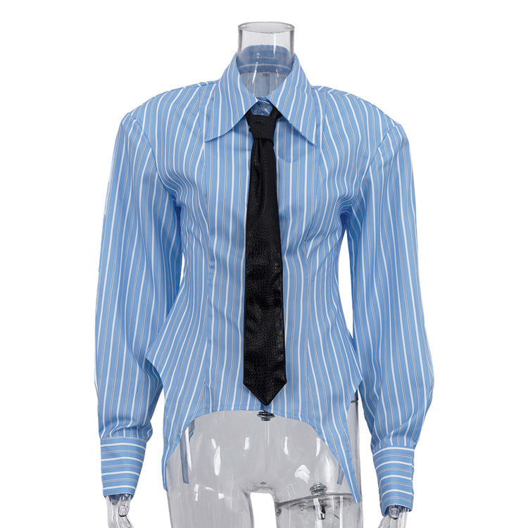Commuter Long-sleeved Black Tie Shirt With Irregular Hem NorixaFashion.com