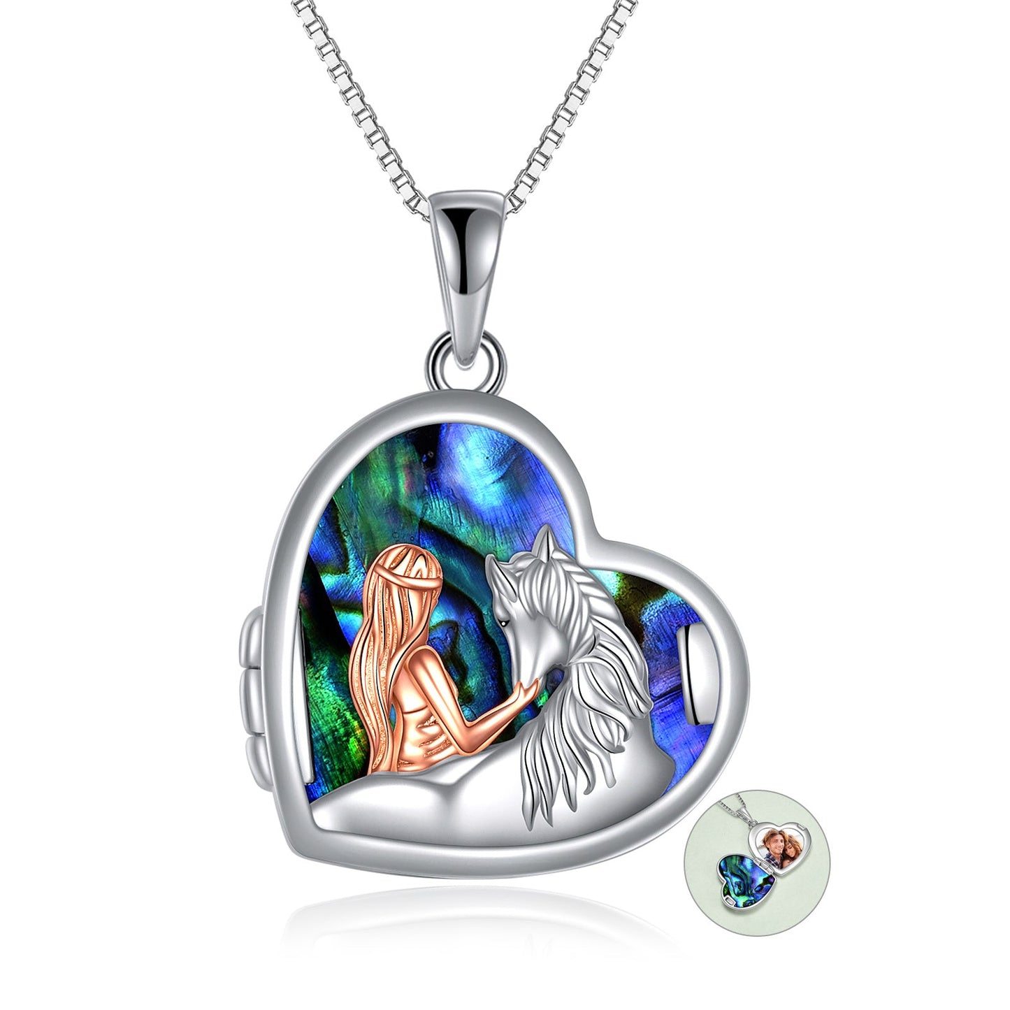 Horse and Girl Abalone Shellfish Heart Sterling Silver Photo Locket Necklace LadyShow.Store