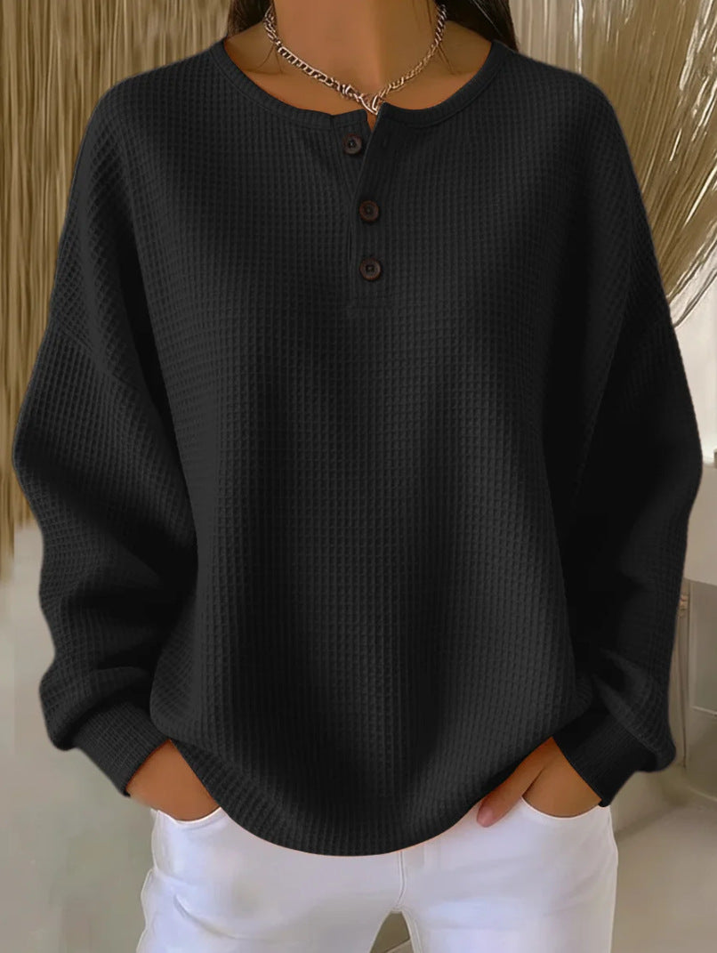 Ins Waffle Long-sleeved T-shirt Fashion Solid Color Buttons Round Neck Pullover Top Women's Clothing NorixaFashion.com