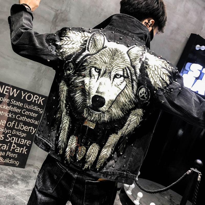Boy Jeans Jacket Wolf Dog Embroidery Handsome Guy Slim Men's Jacket Best YouTube Store